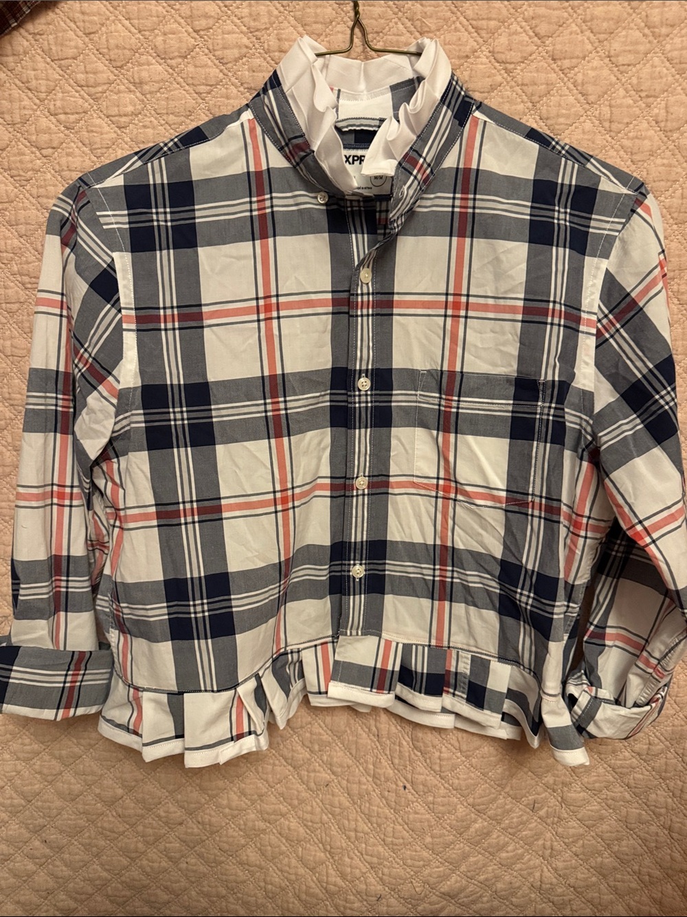 Express Navy/Red Plaid Upcycled Ruffled collar and waist Button-Down Shirt